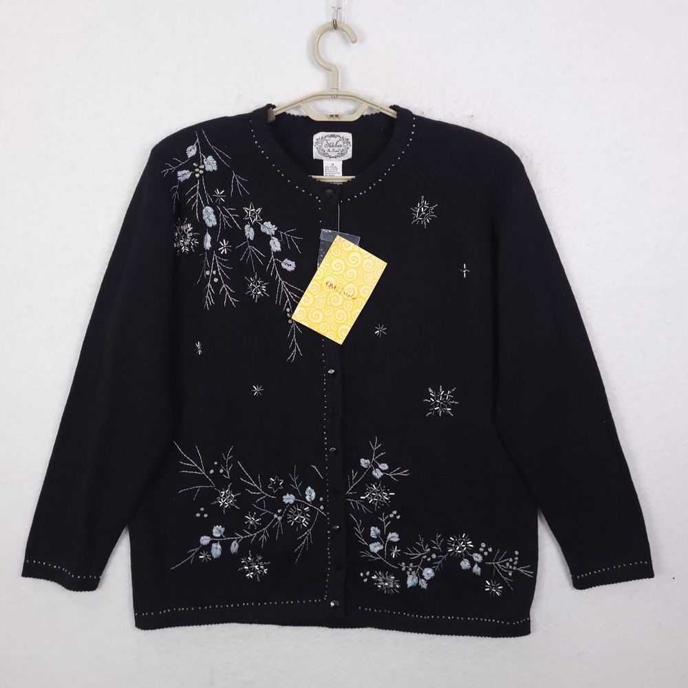 Vinatge Stitches In Time Cardigan Sweater 1X Black Embroidered Beaded Granny NWT
